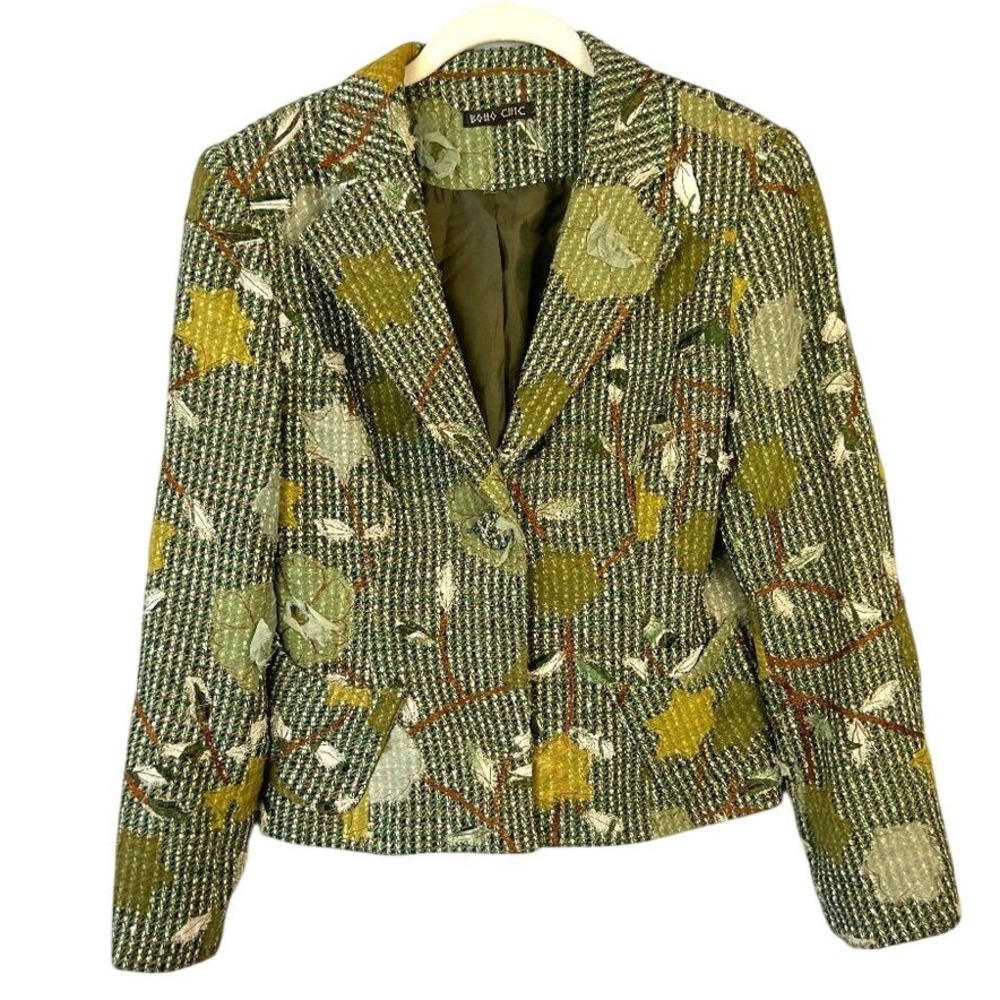 BOHO CHIC Green Tweed Jacket Embroidery & Patchwork Whimsical Quirky Bohemian